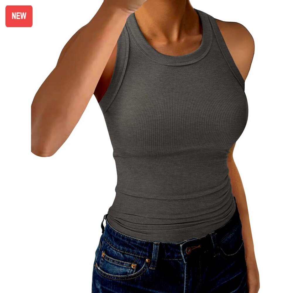 High Neck Ribbed Tank Top Sleeveless Slim Fit Racerback Casual Workout Wear
